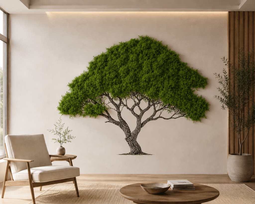 Wall printed tree with addition of a real moss finish.
